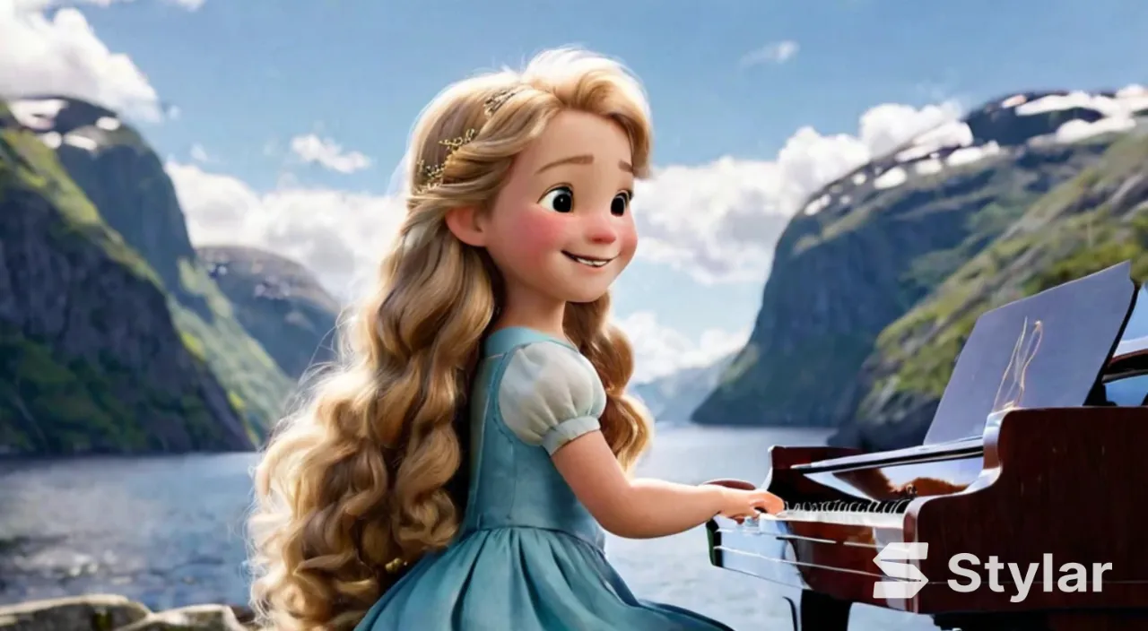 In the Nærøyfjord in Norway, with bright sunshine and blue sky and white clouds, a young and beautiful girl with fair skin and long hair is playing the piano. The girl is smiling.