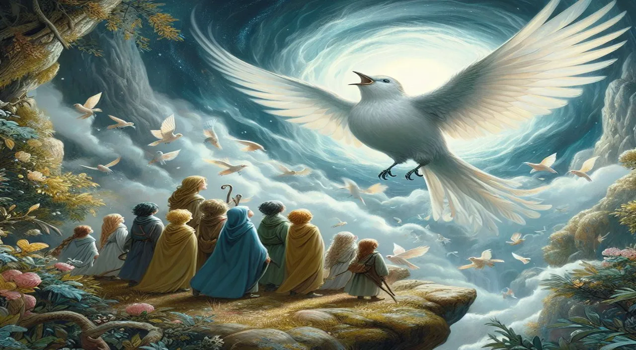 a painting of a white bird flying over a group of people