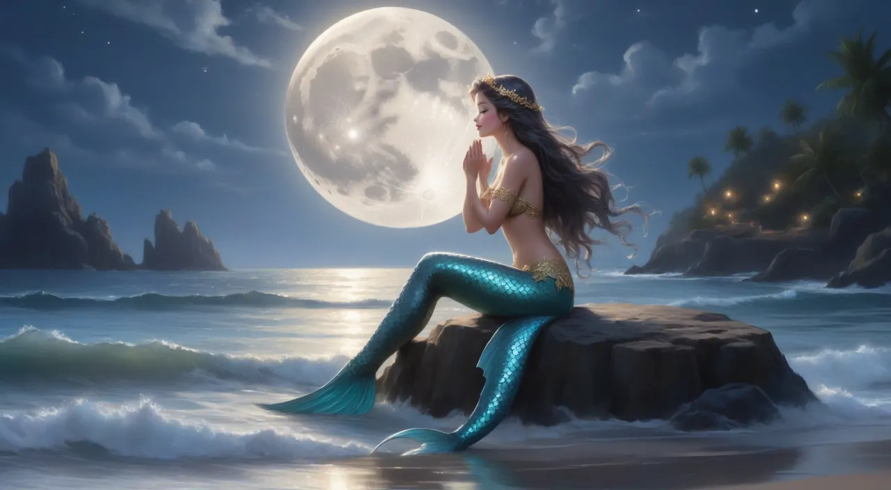 a mermaid sitting on a rock with a full moon in the background