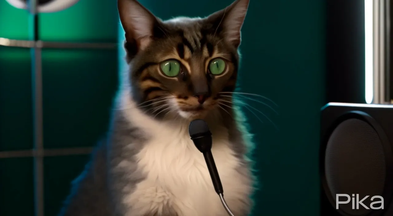 a cat with green eyes sitting in front of a microphone 
The cat opens his mouth and says