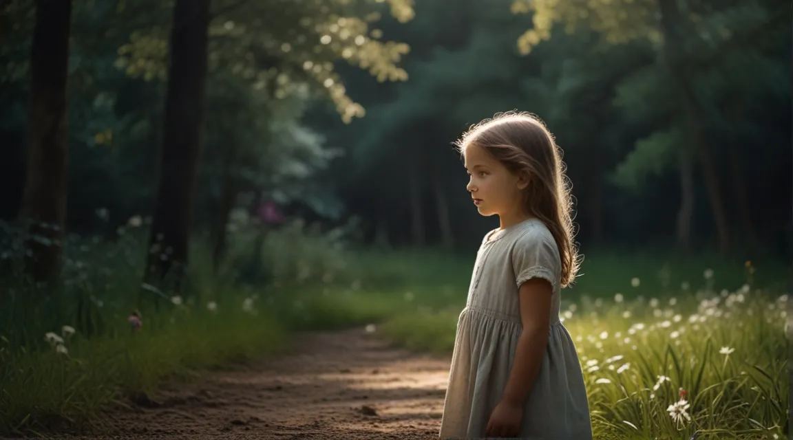 a little girl standing in the middle of a forest