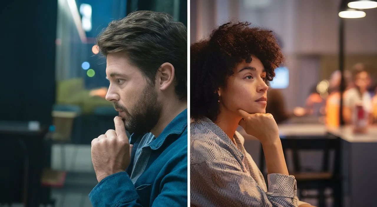 A split screen that shows both, on one side the man, on the other the woman while each of them carries out different activities in different places, but they think of each other.