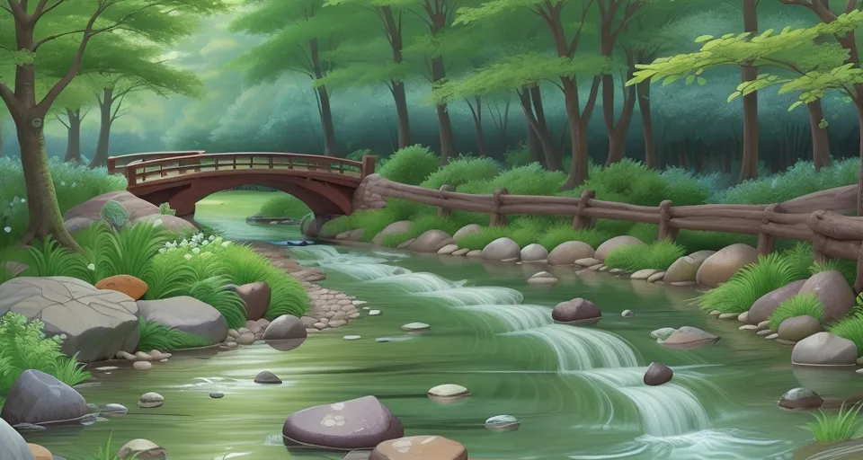 a painting of a river flowing under a bridge