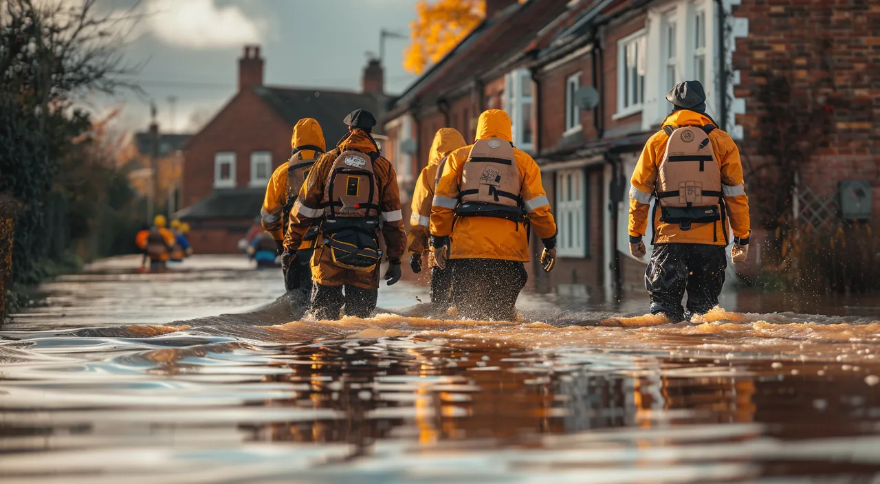 a group of people walking through a flooded street