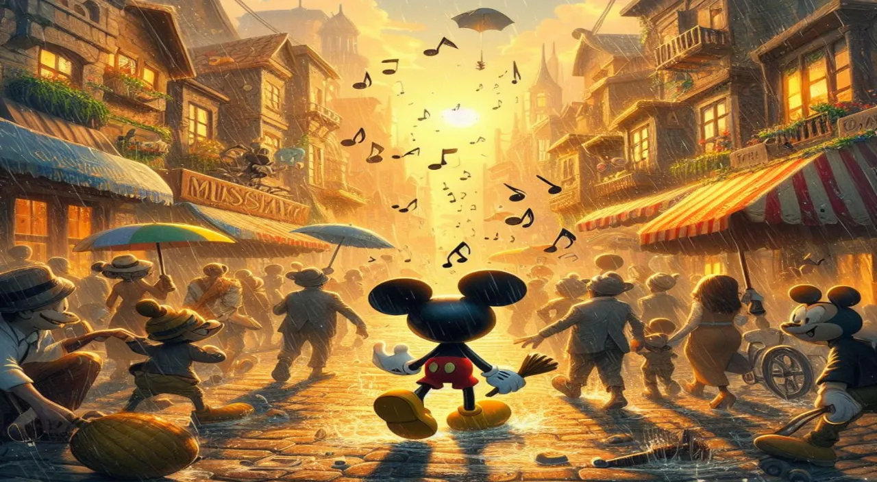 a painting of mickey mouse dancing in the street