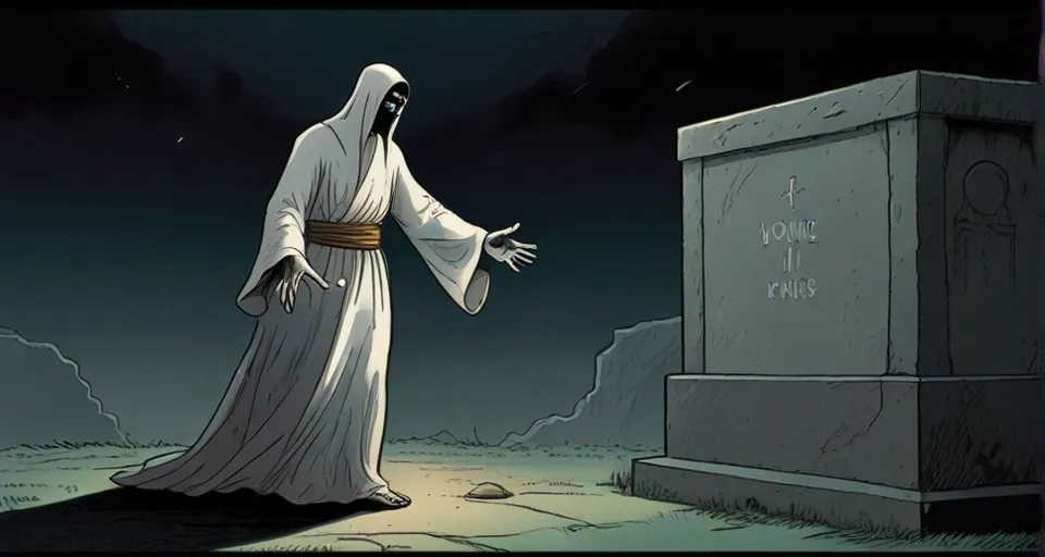 a cartoon of a nun standing in front of a grave