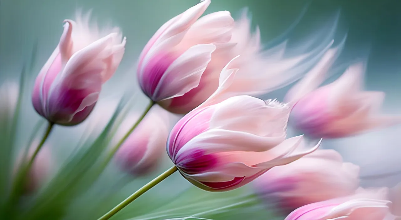 close up of bunch of pink tulips flowers, out of  focus, motion blur on wind