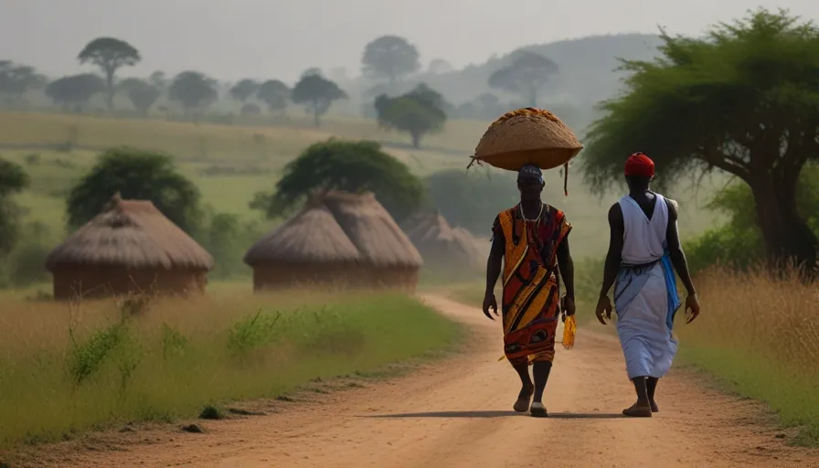 a couple of people walking down a dirt road