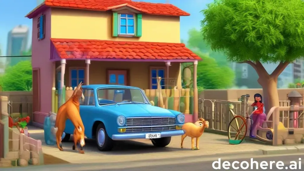 a painting of a horse and a car in front of a house