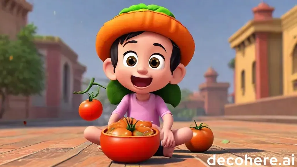 a cartoon character sitting on the ground holding a bowl of tomatoes