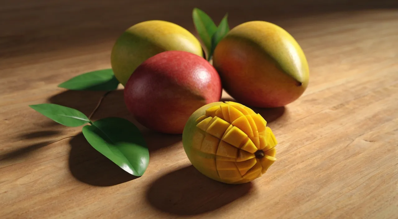 a couple of pieces of fruit sitting on top of a wooden table