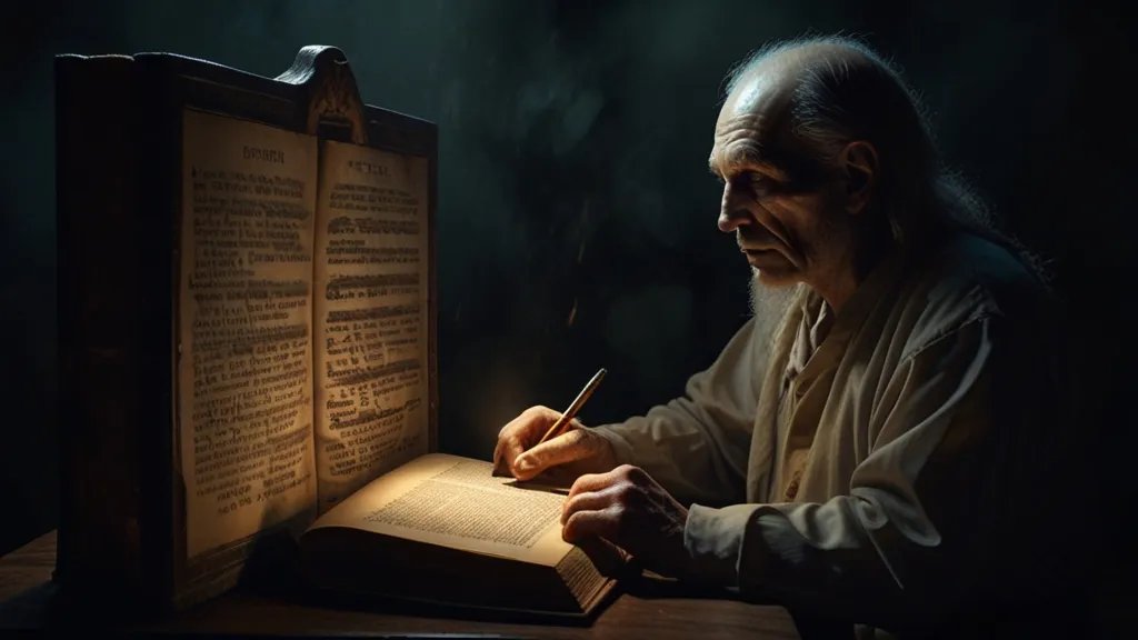 a man sitting at a table writing on a book