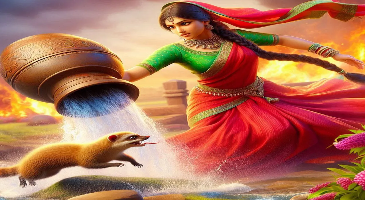 Dressed in a traditional red sari and green blouse and a scarf on her head, Prabha stands in the river and throws a heavy pot in anger. This scene is rendered in vibrant 3D, with rich, saturated colors and detailed textures that bring the environment to