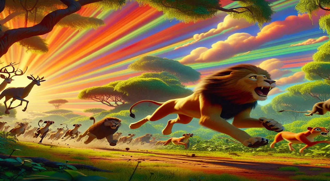 the lion king running through a jungle with other animals