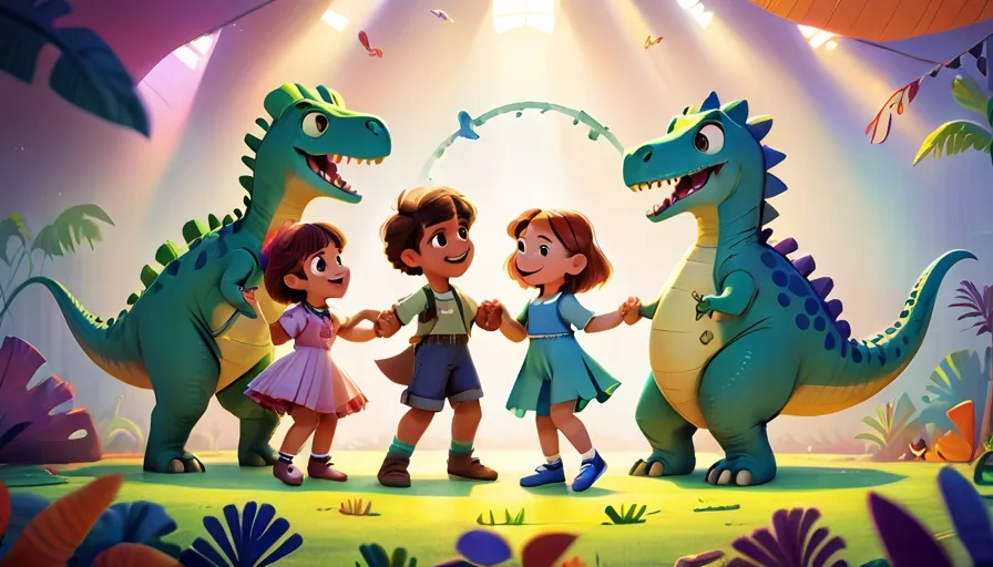 a group of children standing in front of a dinosaur