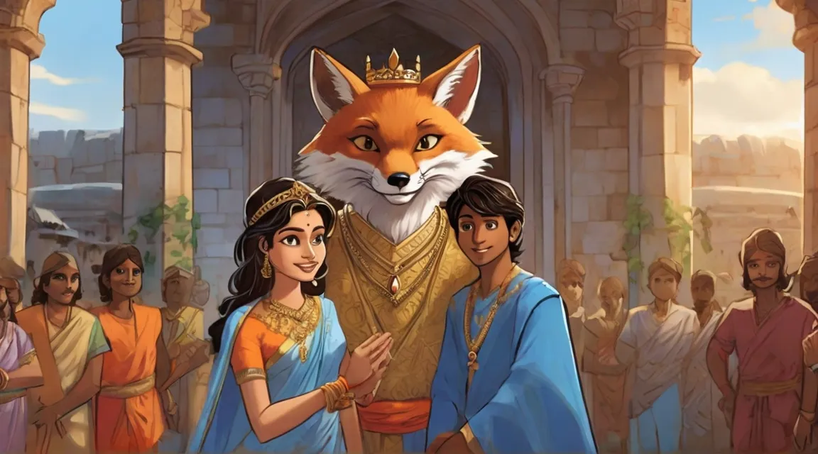 a fox welcoming man and woman  in front of a crowd of people