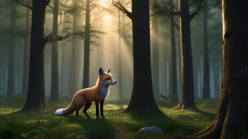 a fox standing in the middle of a forest