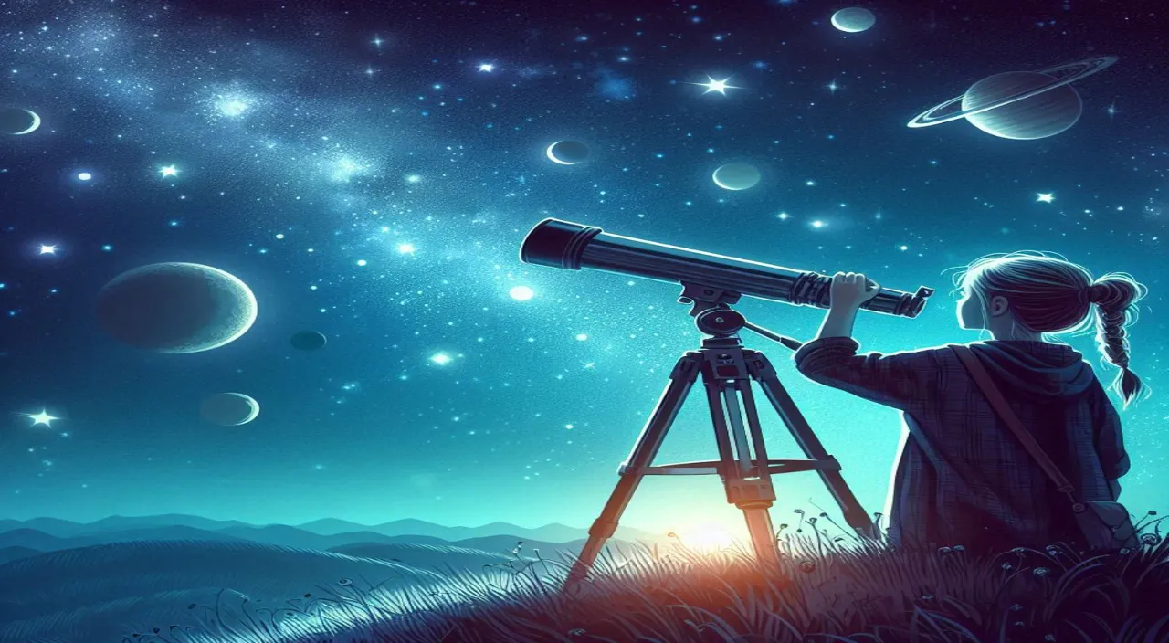 a girl looking at the stars with a telescope