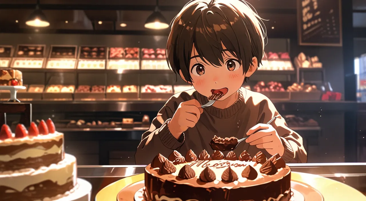 a boy eating a chocolate cake with a fork in a cake shop