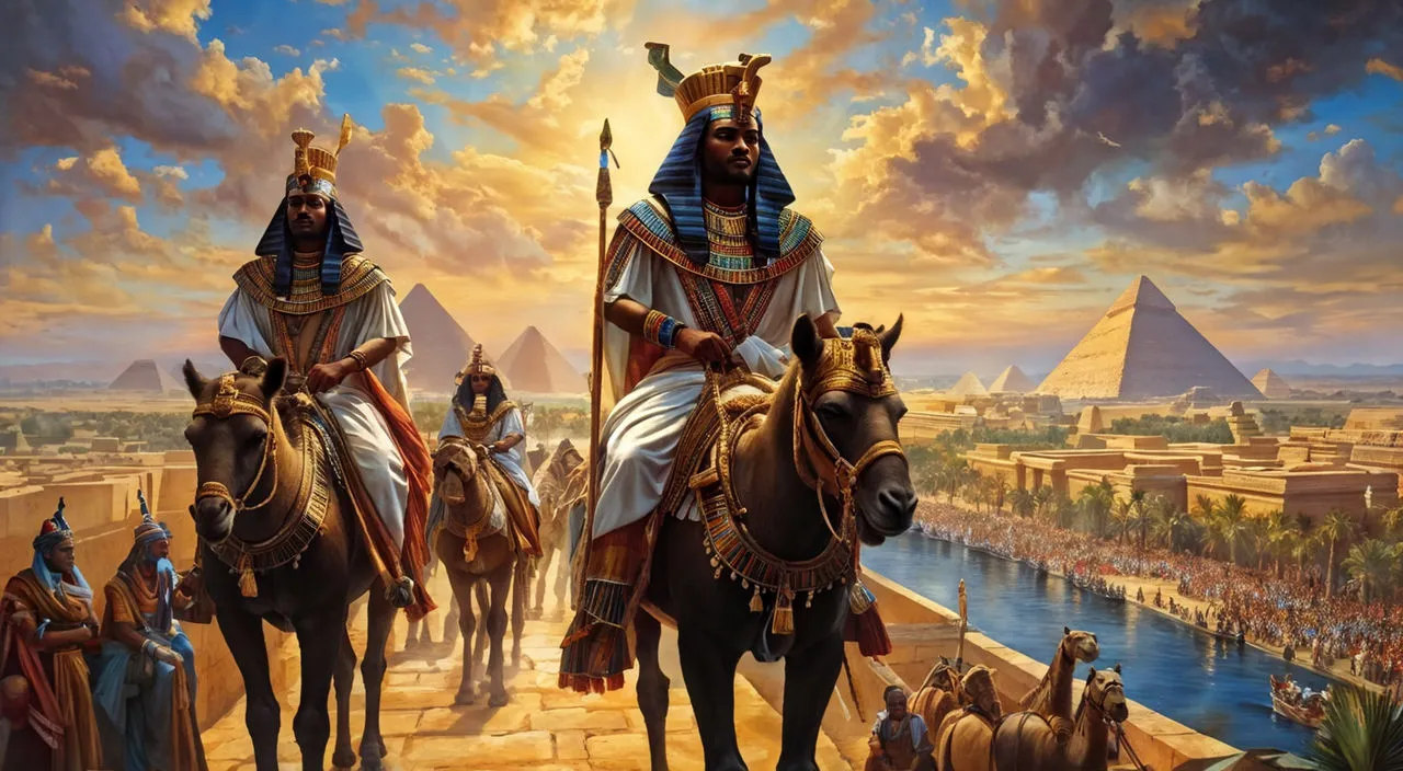 a painting of two egyptian men riding horses