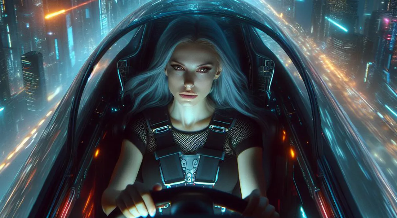 a woman driving a car in a futuristic city