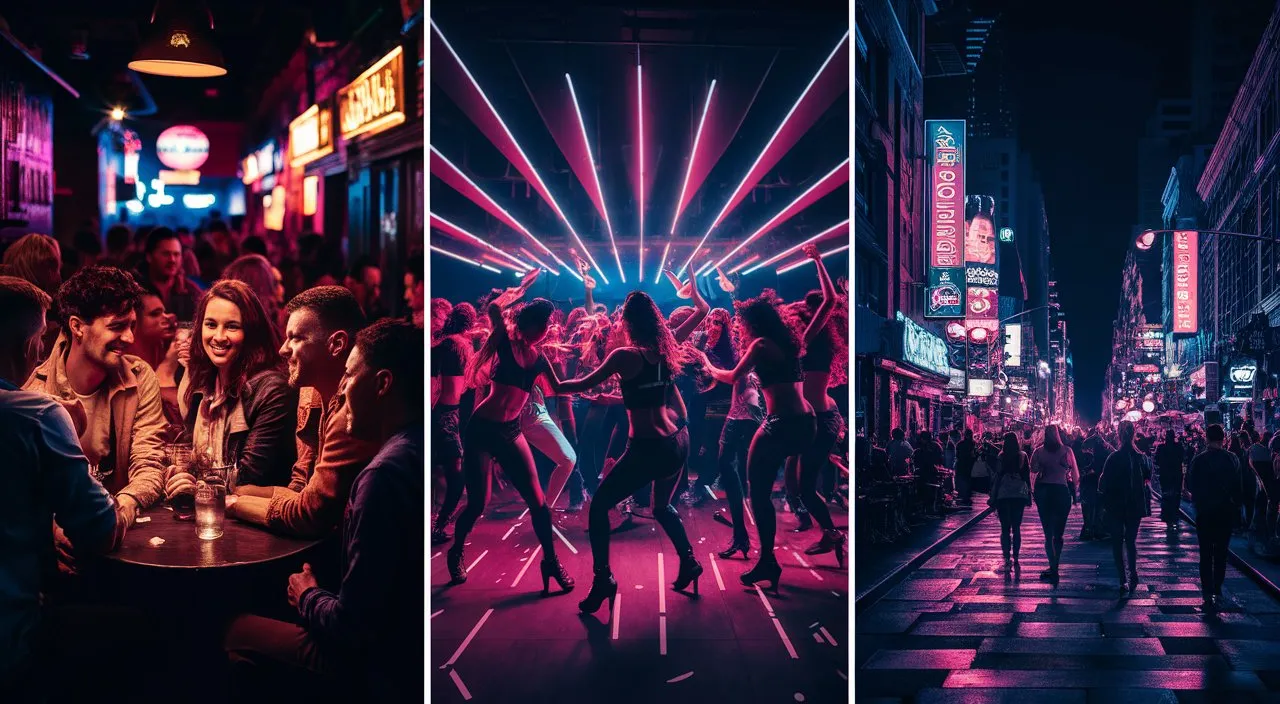 Sequence of images of different night activities in the city: bars, clubs, neon lights.