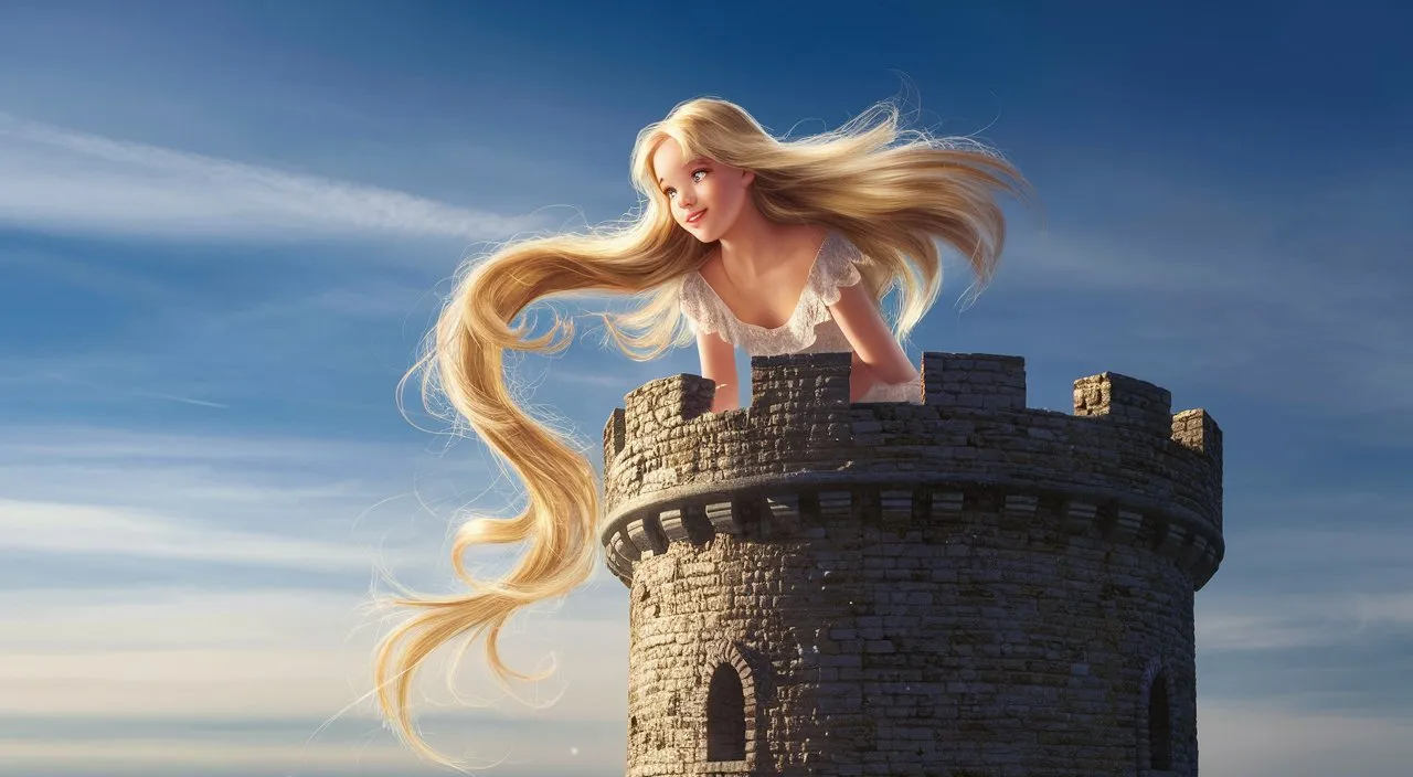 a woman with long blonde hair standing on top of a castle