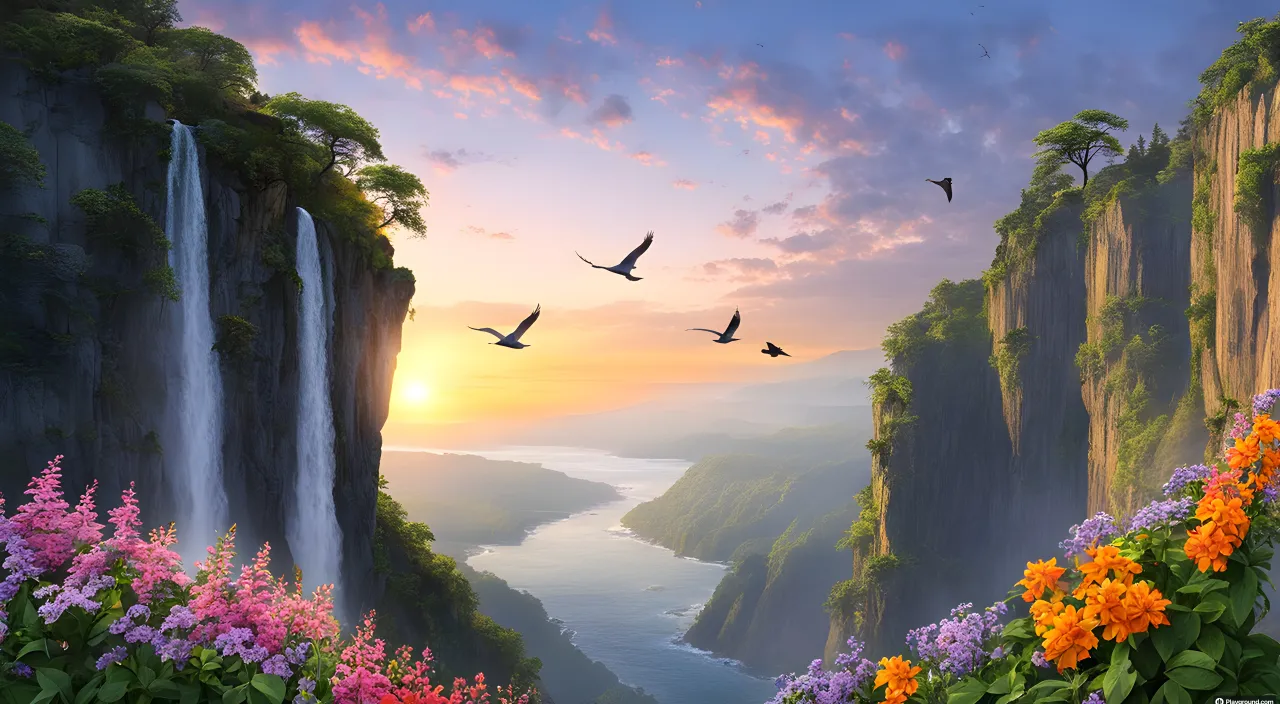 a painting of birds flying over a waterfall