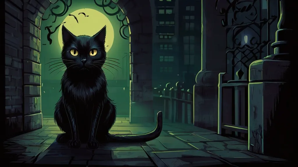 a black cat sitting in a doorway at night