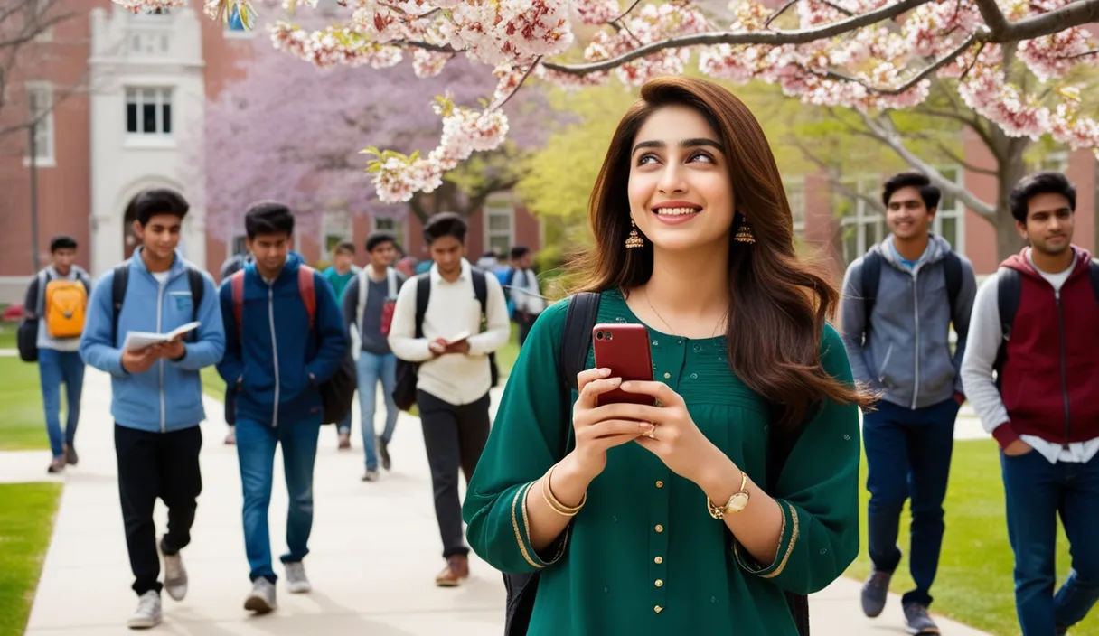 Campus Serenade: On a university campus, a Pakistani girl walking under a blossoming tree, a Bollywood song softly playing from her phone. The 4K wide shot captures students walking by and studying, but her smile and dreamy gaze reveal she is thinking about her boyfriend, who is attending a university in the United States, lost in her own romantic world.