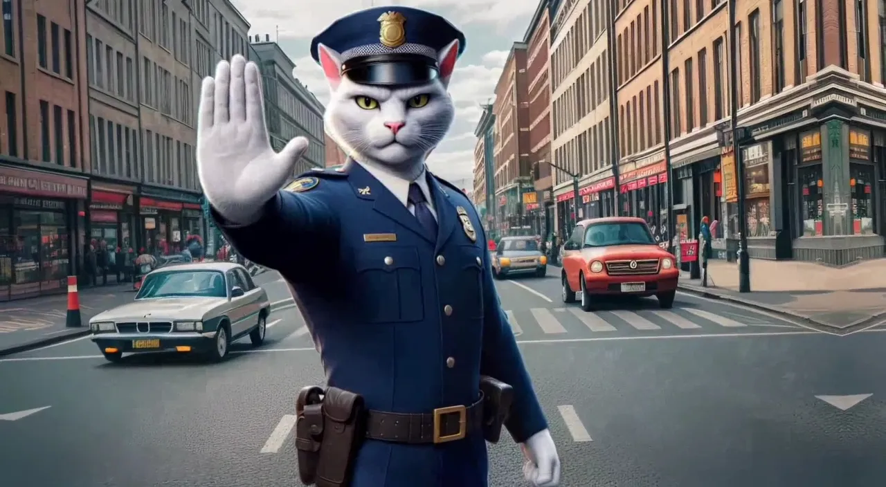 a cat in a police uniform is waving