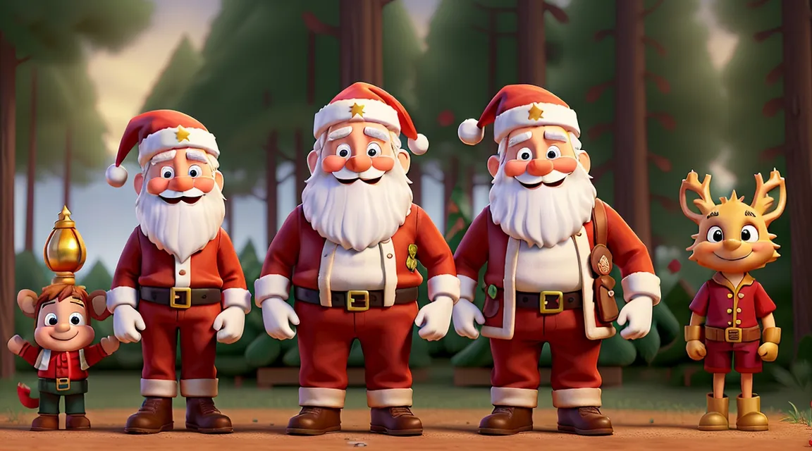 a group of animated santas standing next to each other and smiling 