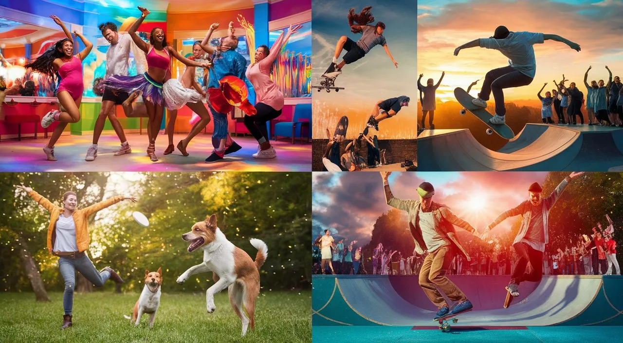 A montage of different activities that elevate the mood: dancing, skating, playing frisbee, 