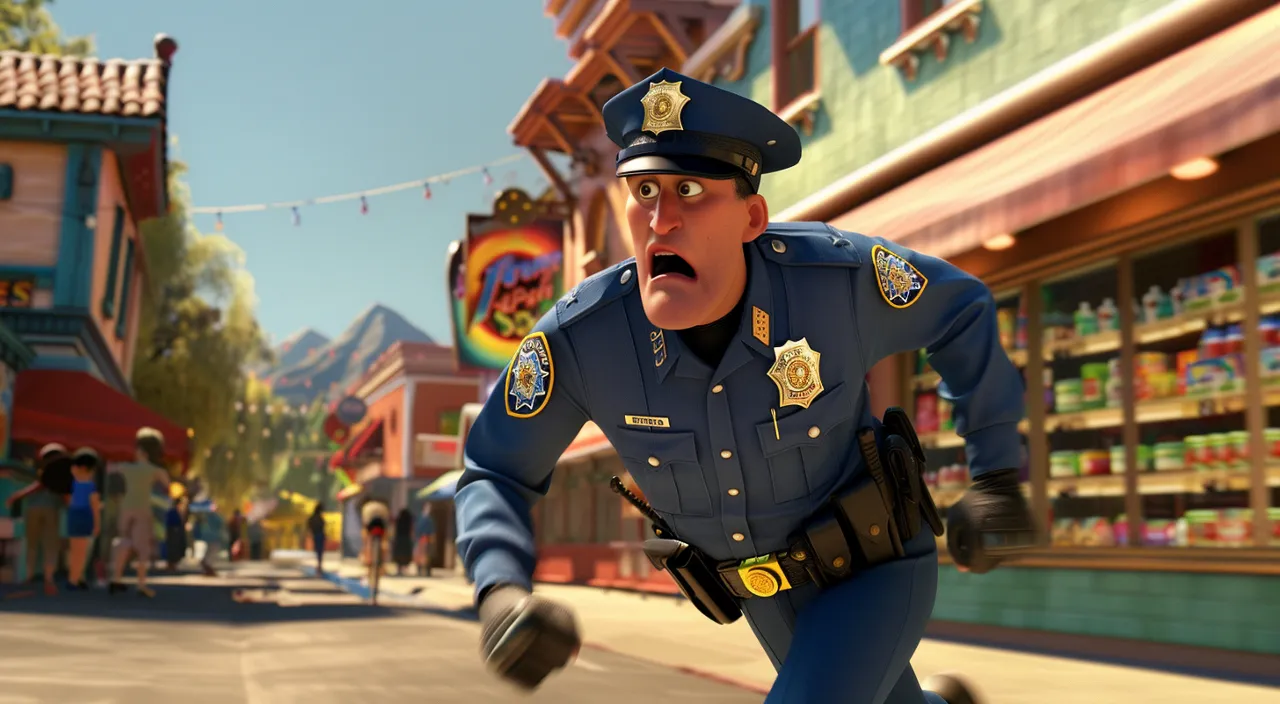 a cartoon police officer running down a street