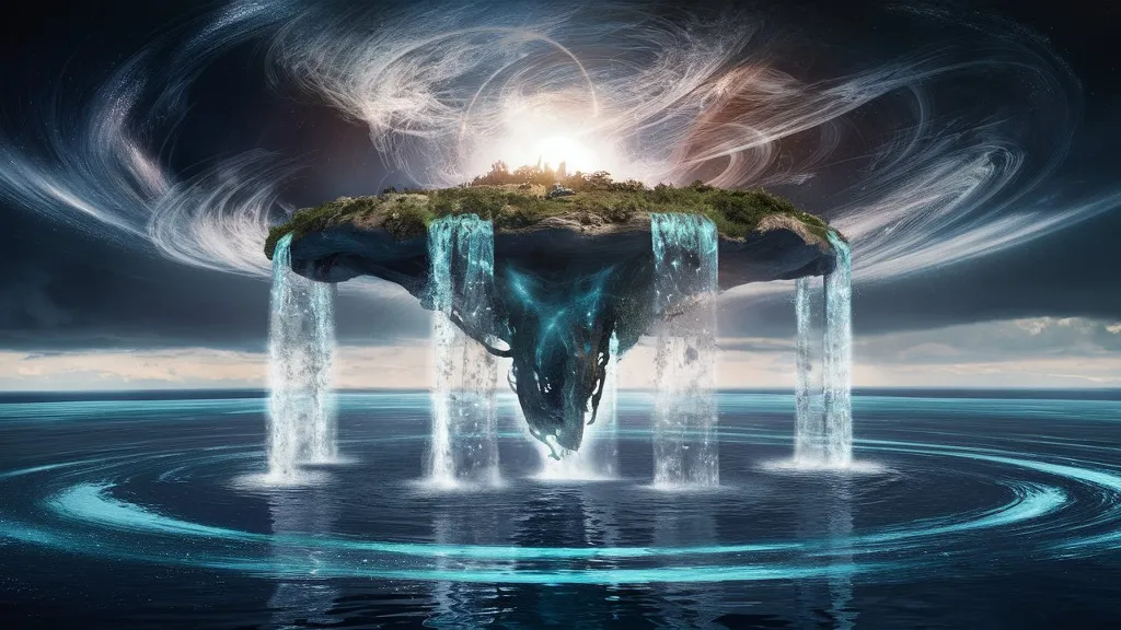 A breathtaking 4K cinematic drone footage of a surreal alien island suspended in the sky. The island, dubbed the "Lake of Knowledge," is adorned with heavenly powers of light and creation. The lake's waters are charged with mystical energy, with cascading waterfalls that pour into the lake, creating mesmerizing ripples. As the water falls, it releases dazzling light and swirls of cosmic energy, reflecting the vast cosmos on the surface. The scene is a perfect blend of science fiction and fantasy, setting the stage for a blockbuster movie.