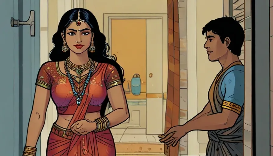 a woman in a sari talking to a man in a doorway