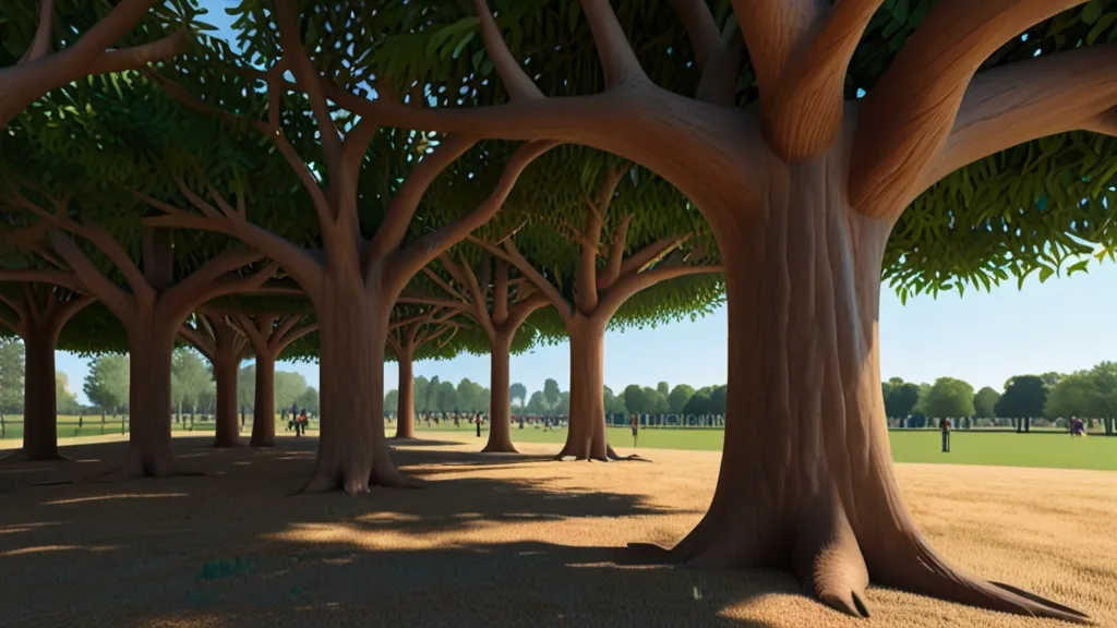 a row of trees in the middle of a field