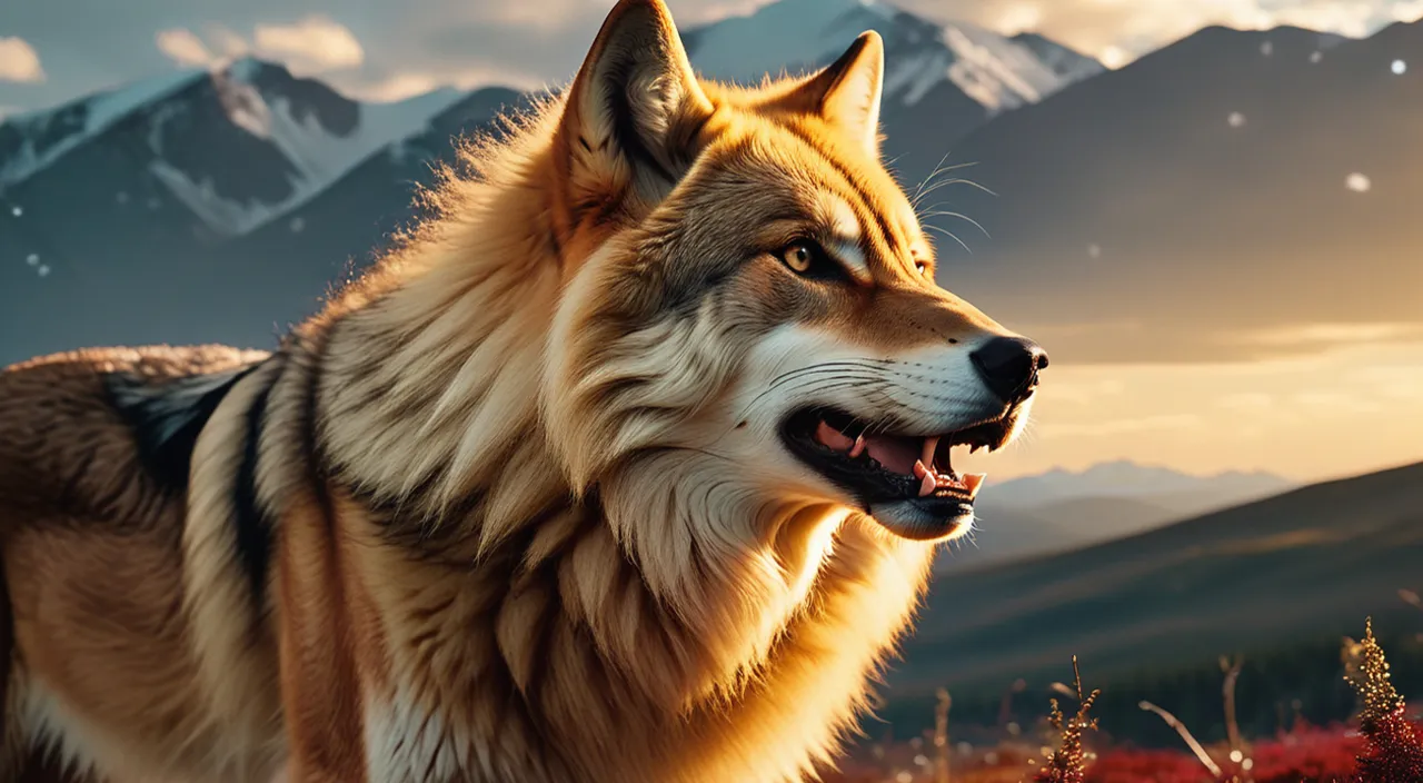 a wolf standing in a field with mountains in the background