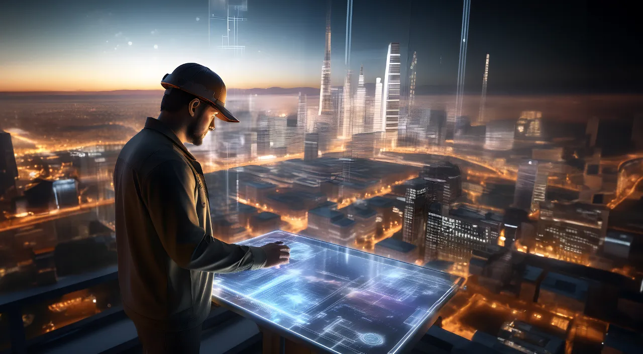 a man in a hard hat looking at a tablet night city background