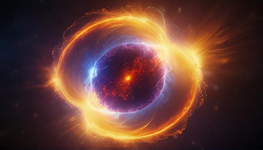 An illustrative diagram showcasing the nuclear fusion process, with detailed annotations explaining how light atomic nuclei combine to form heavier elements, releasing energy in the form of gamma rays and neutrinos.