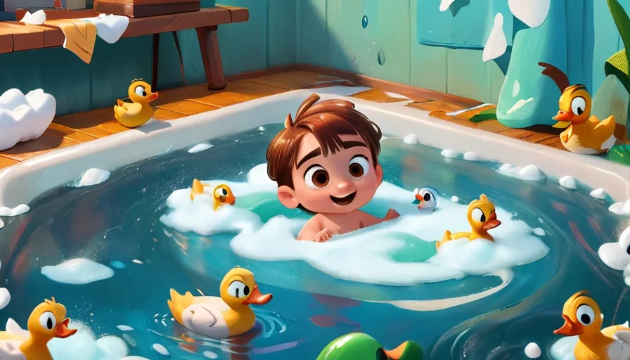 a boy in a bathtub surrounded by ducks