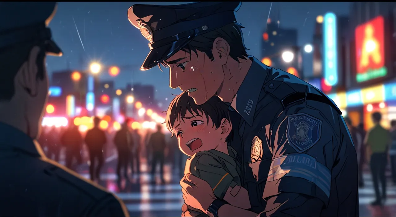 a police officer holding a child in a fair at night