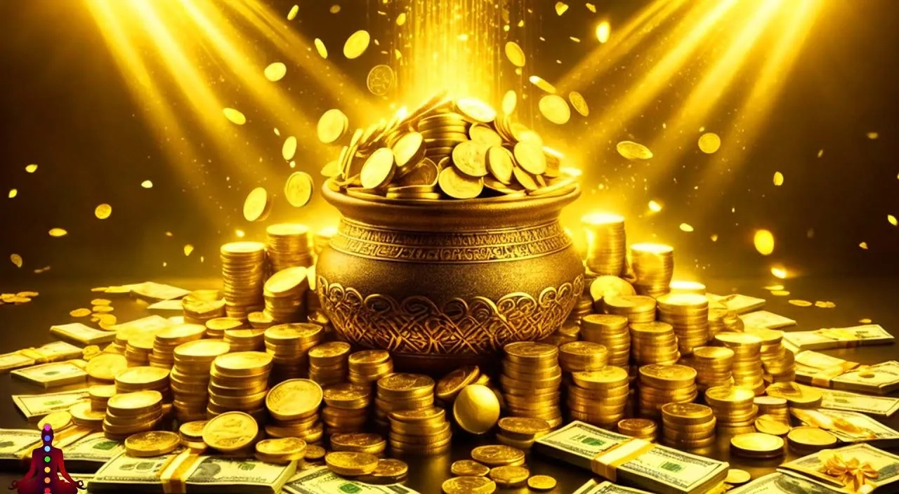 a gold pot surrounded by stacks of money