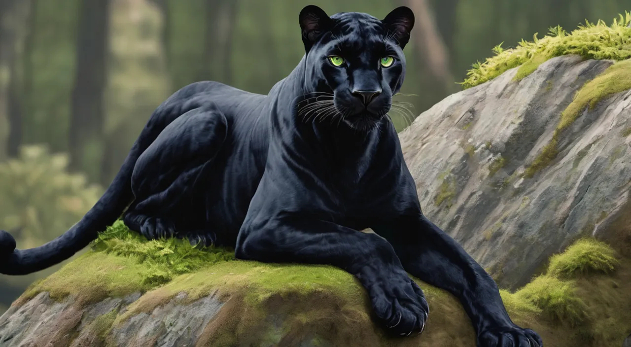 a black panther sitting on top of a moss covered rock