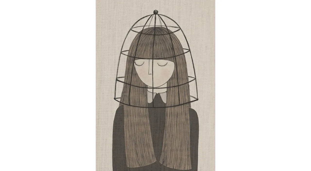 a drawing of a woman with a birdcage on her head