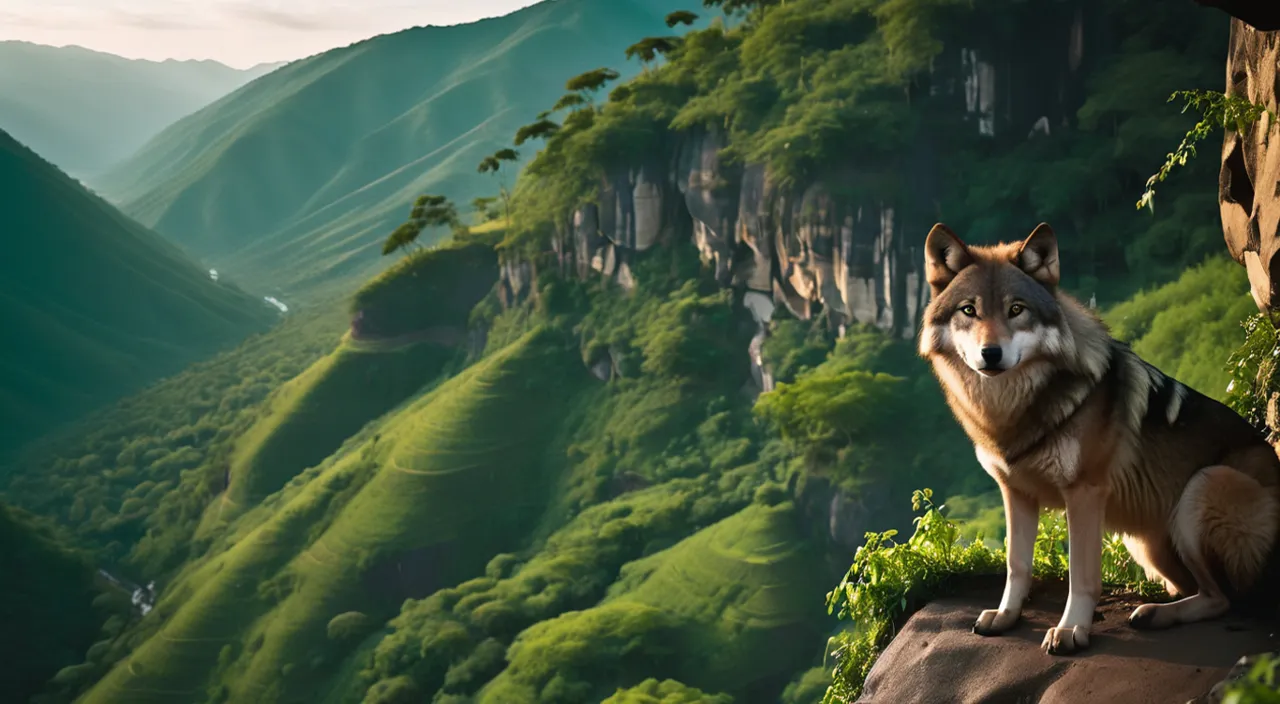 a wolf standing on a cliff overlooking a valley