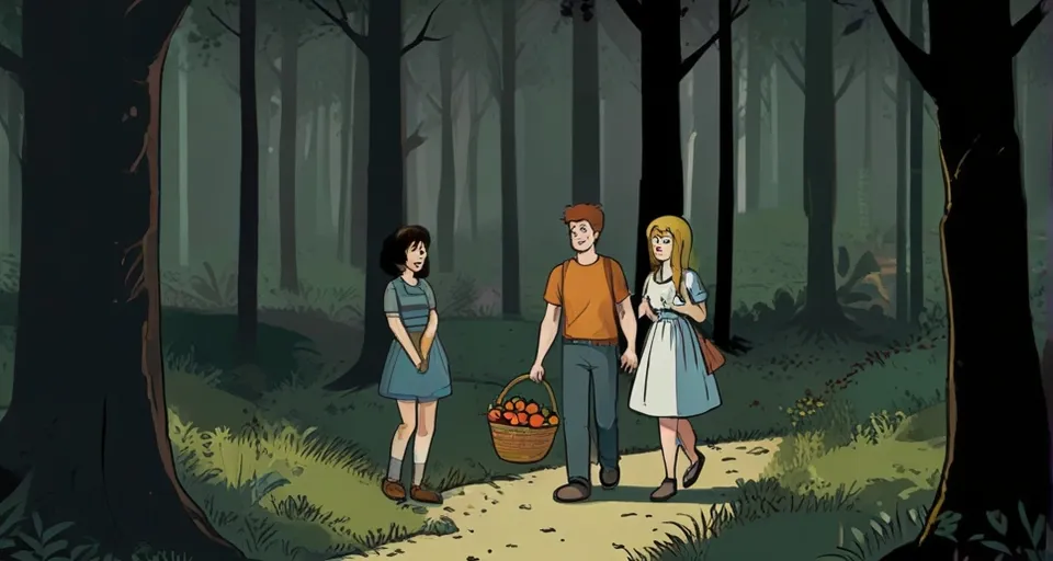 a group of people walking through a forest