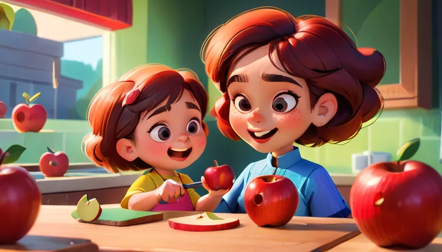 a couple of kids sitting at a table with apples