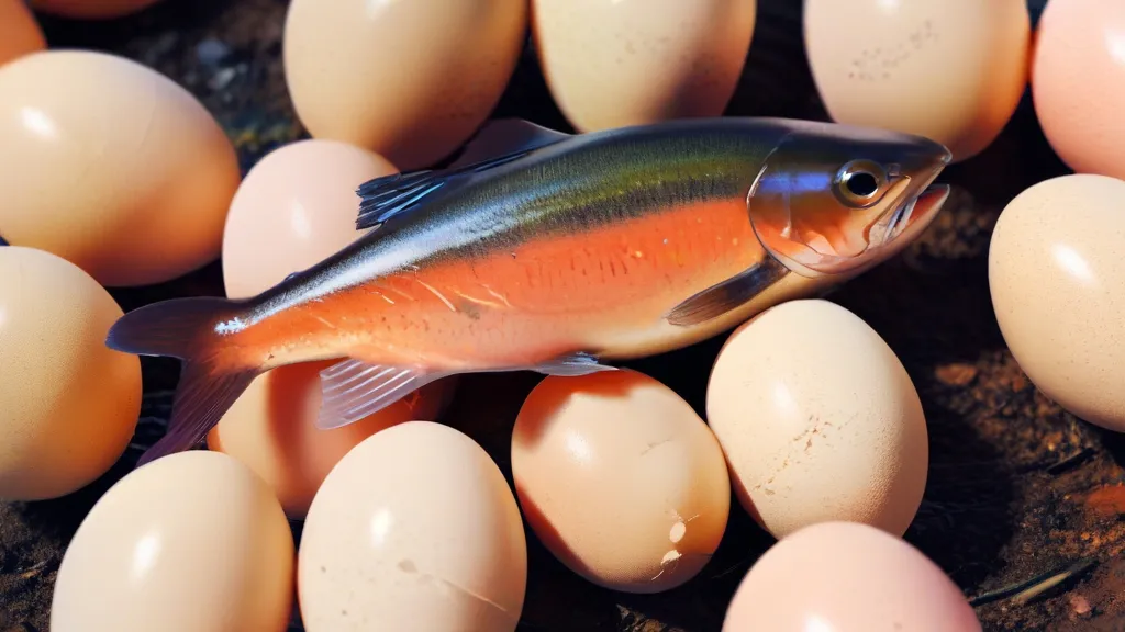 a fish that is standing in some eggs