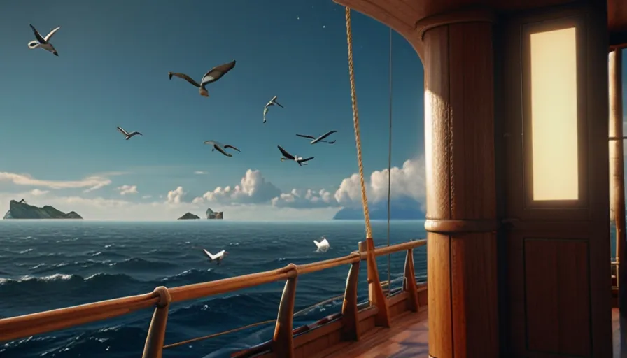 3d cartoons, personality: Ravi and Nisa aboard their ship, sailing towards the open sea. The vast ocean should be depicted behind them, with seagulls flying overhead. Show their excitement and wonder as they begin their voyage. Unreal engine, hyper real --q 2 --v 5.2 --ar 16:9